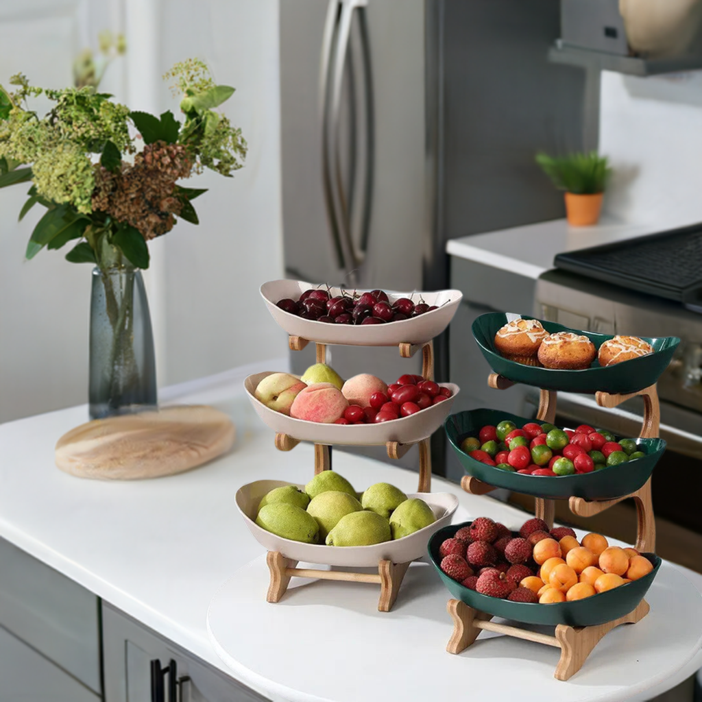 3-Tier Countertop Fruit Vegetable Metel Kitchen Bowl With Wooden Stand