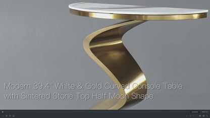 Modern White & Gold Curved Leg Sintered Stone Top Half-Oval Table