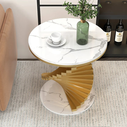 Modern White/Black & Gold Round Step Frame End Table with Marble Top